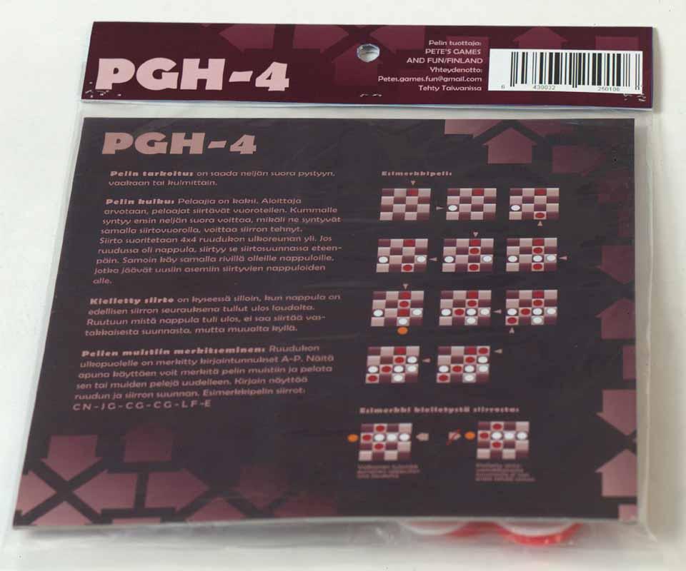 PGH4-pelilaudan kääntöpuolella on säännöt ja esimerkkipeli.